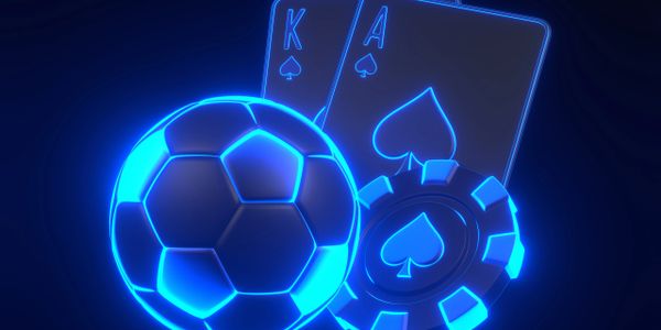 Glowing blue neon icons of a soccer ball, poker cards, and a chip.
