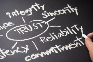 Hand writing trust-related values on a blackboard with white chalk.