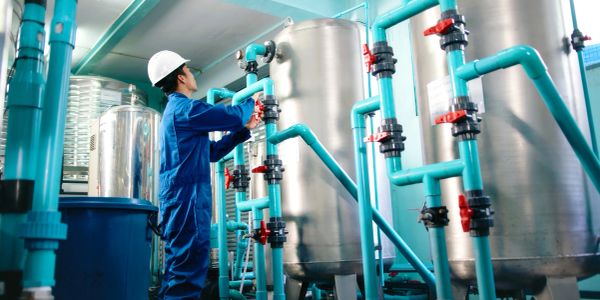 Technician inspecting industrial pipes and tanks wearing safety gear.
