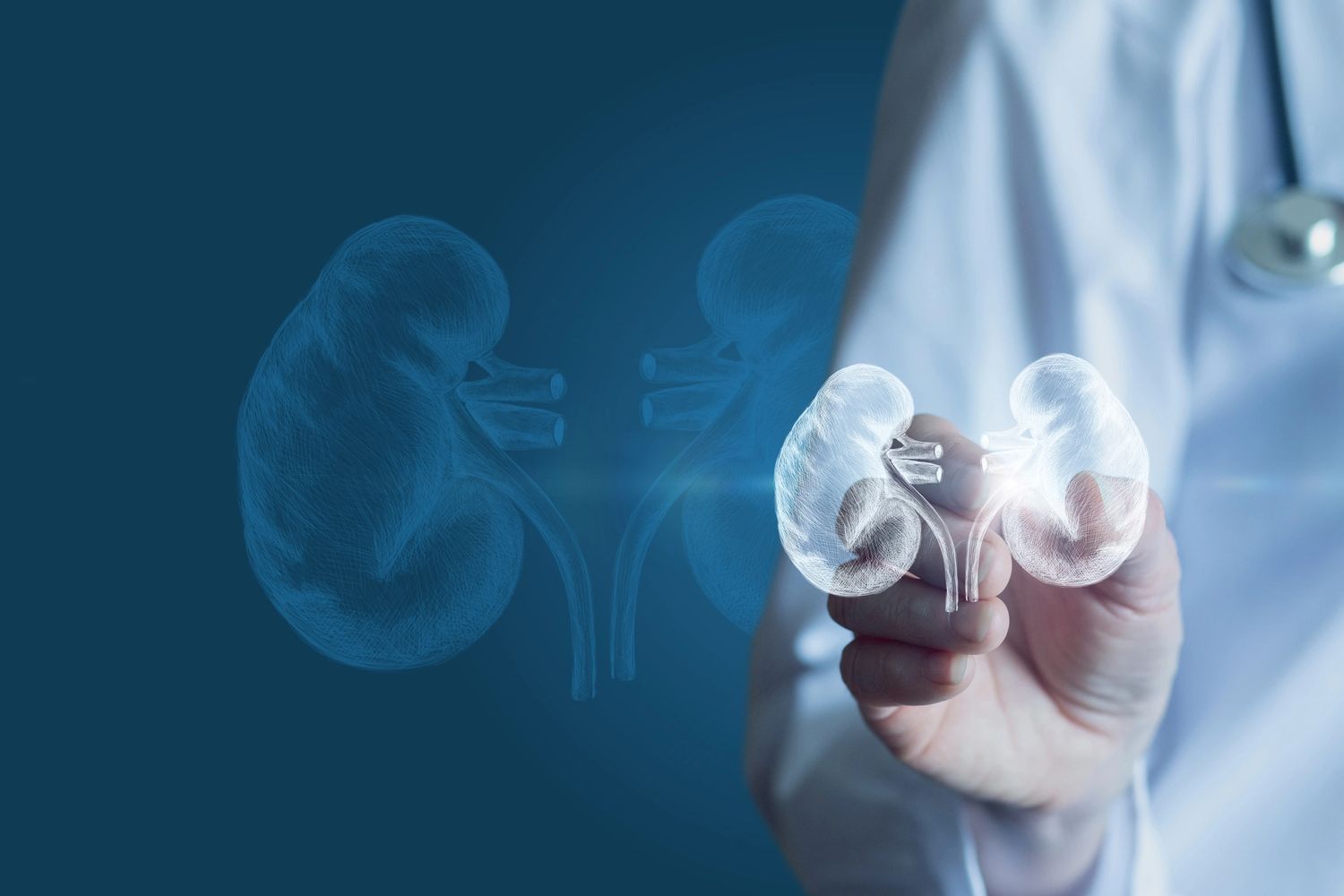 Doctor holding a digital hologram of human kidneys with a dark blue background.