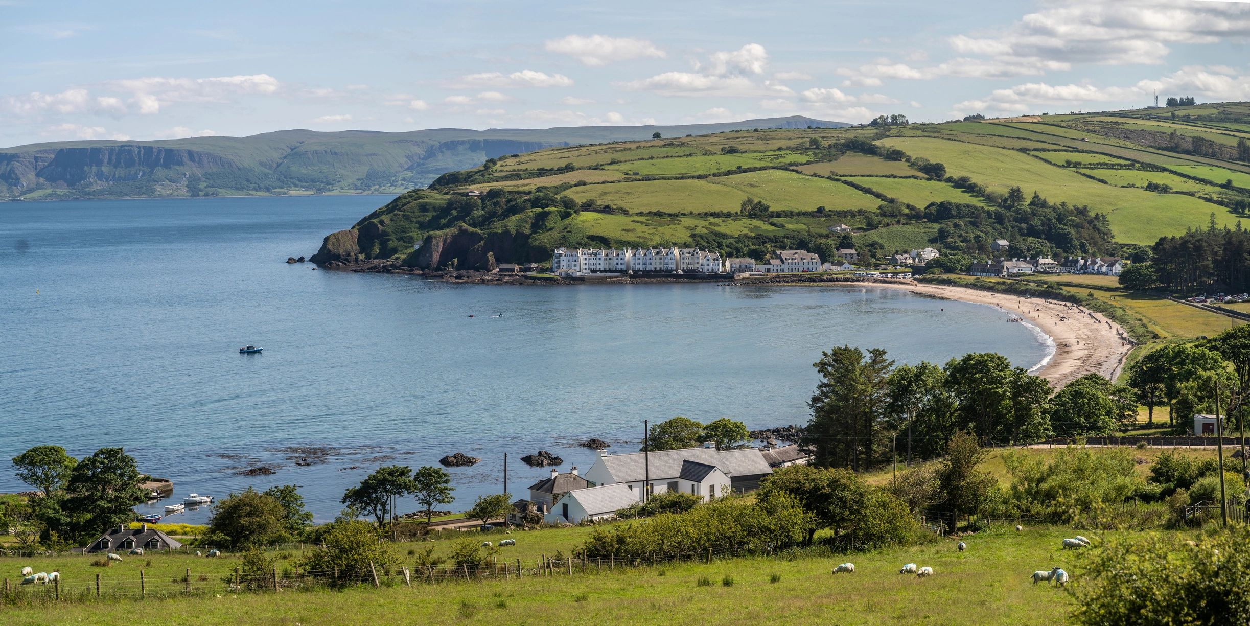 Scenic coastal village with green hills, a sandy beach, and grazing sheep on a sunny day.