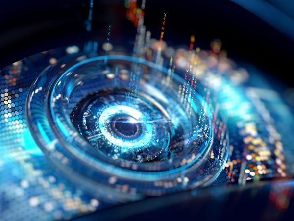 Close-up of a futuristic digital interface with glowing blue circular patterns and data streams.