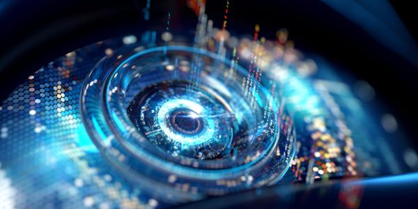Abstract digital technology with glowing blue rings and data streams.