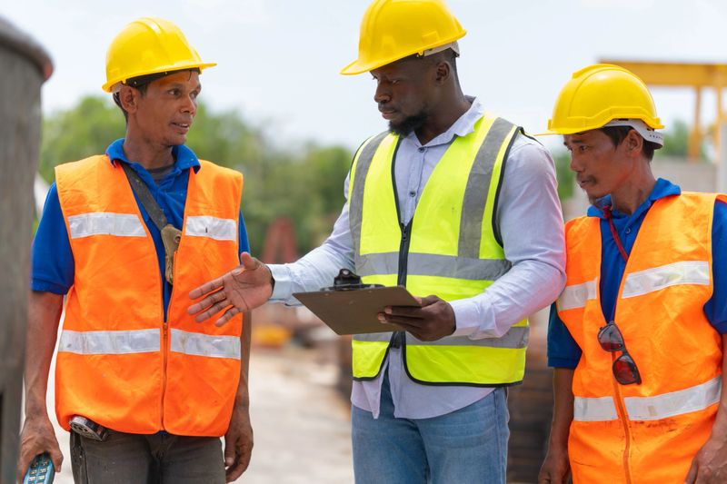 Foreman and workers team meeting for planning project at construction site, Site manager and builder control concrete truck mixer on construction site