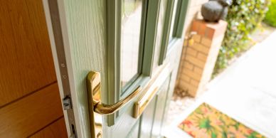 A partially open green door with a golden handle.