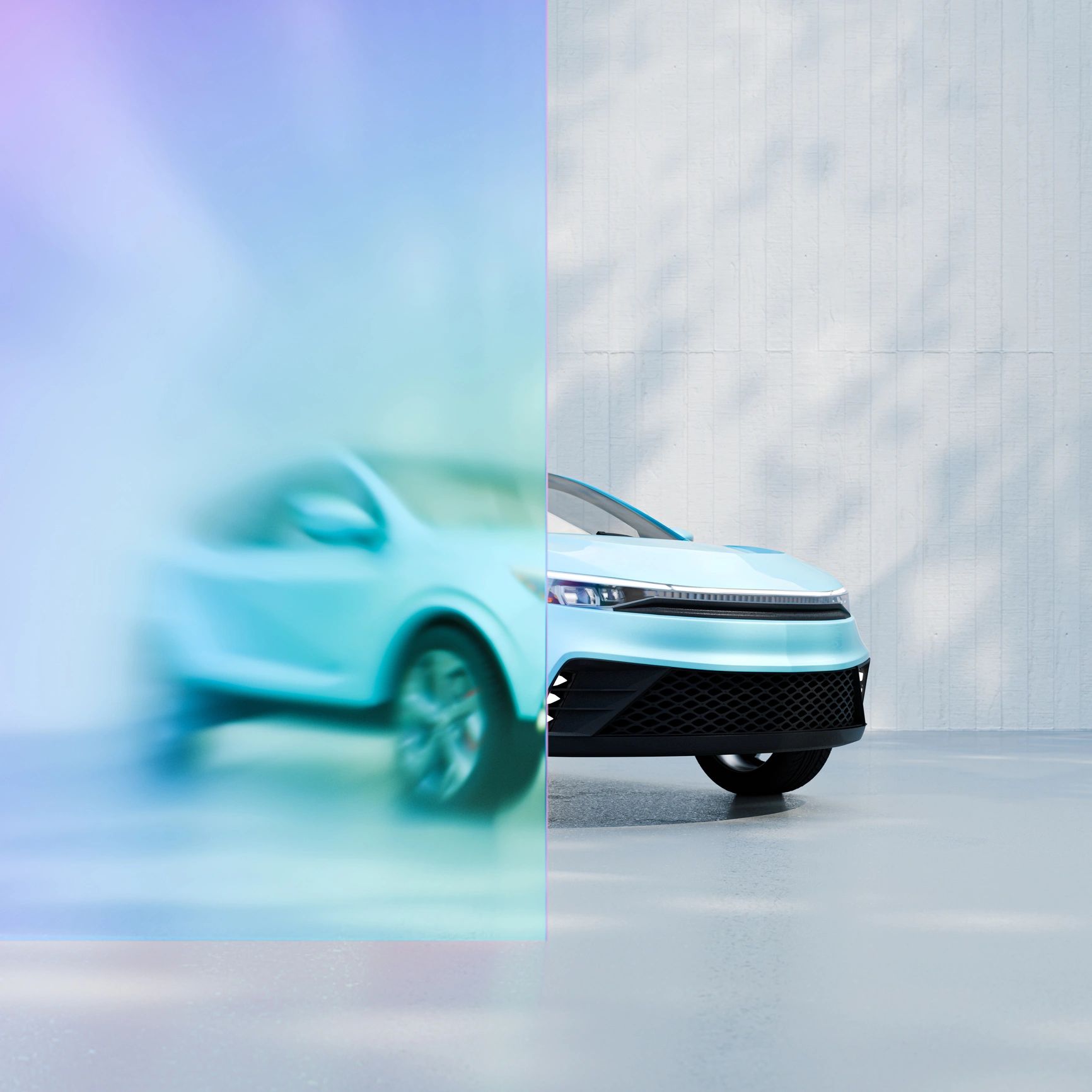 Modern car partly obscured by a translucent, colorful panel in a minimalist setting.