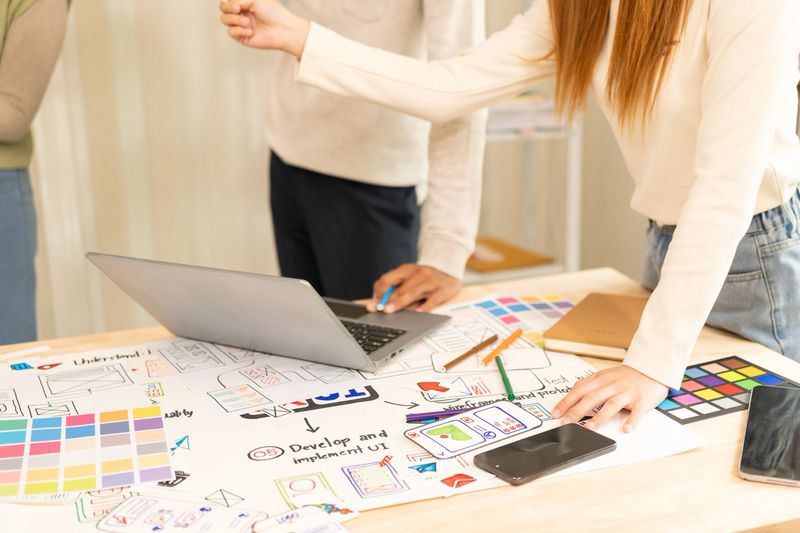 A team of UI/UX web designers is working together to develop a mobile responsive website with preview. Website development concepts UI UX