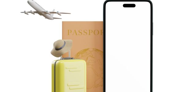 Travel essentials including passport, suitcase, and smartphone with airplane.