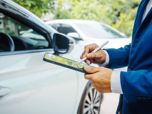 A person in a blue suit uses a stylus on a tablet near a white car.