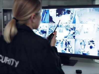 Security guard monitoring surveillance footage.