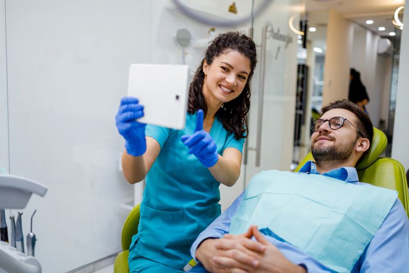A friendly female dentist and her male patient, seated in a modern and bright dental office with green chairs, take a selfie together, capturing a moment of joy.