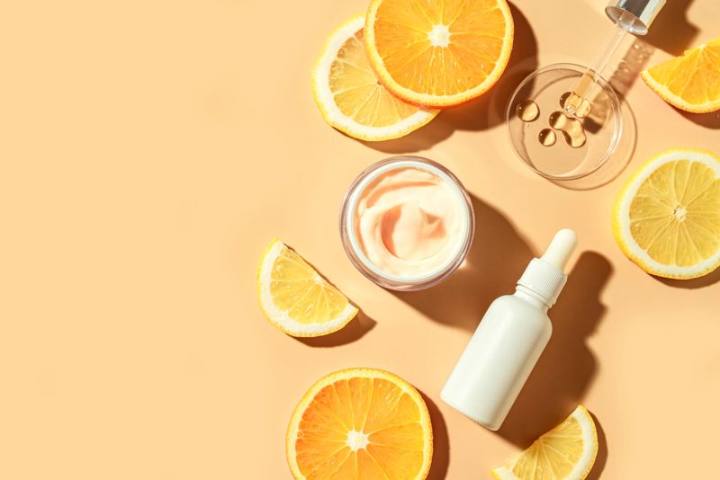 Natural vitamin C serum and face cream, skin care, essential oil products. Cosmetic products and fresh citrus lemon and orange fruit slice, bright trendy layout.