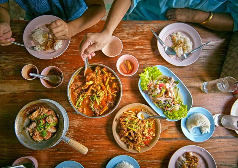 Top view of Thai traditional food set on the table