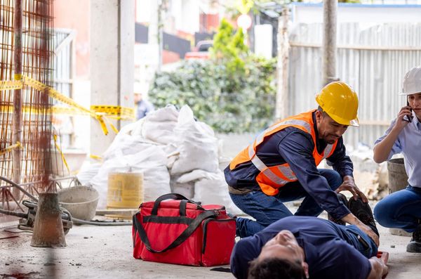 Workers assist an injured colleague at a construction site, with one making a call for help.