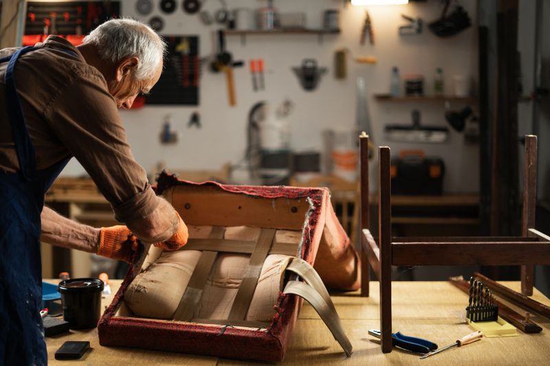 Portrait of an elderly man in gloves and a blue apron begins to restore an old chair in a workshop. reconstructs old upholstery concept second life of old furniture. Copy space. Place for text.