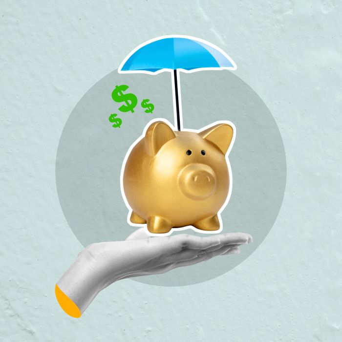 Golden piggy bank under a blue umbrella symbolizing financial protection.