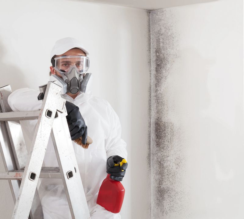 Professional mold removal service: Worker on ladder wearing protective suit, gloves, glasses and respirator mask. Holding spray bottle product for Cleaning moldy wall before room painting work.