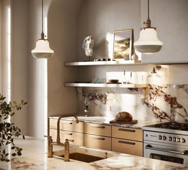 Elegant kitchen with marble countertops and warm lighting.