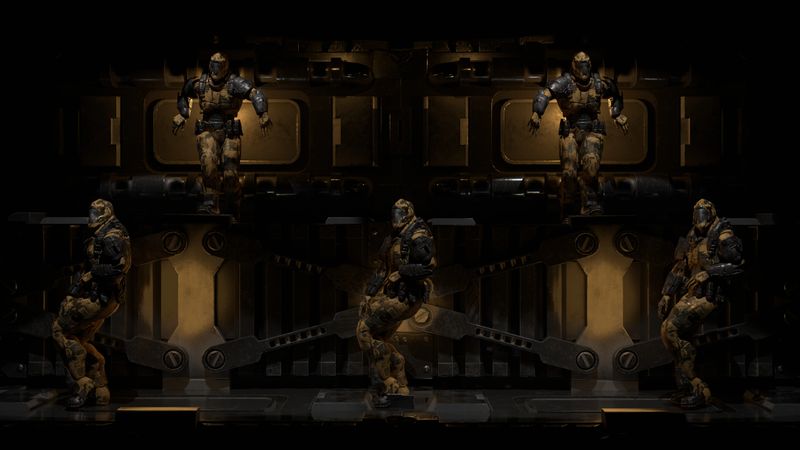 dancing soldiers, space guards, dark background, 3d rendering