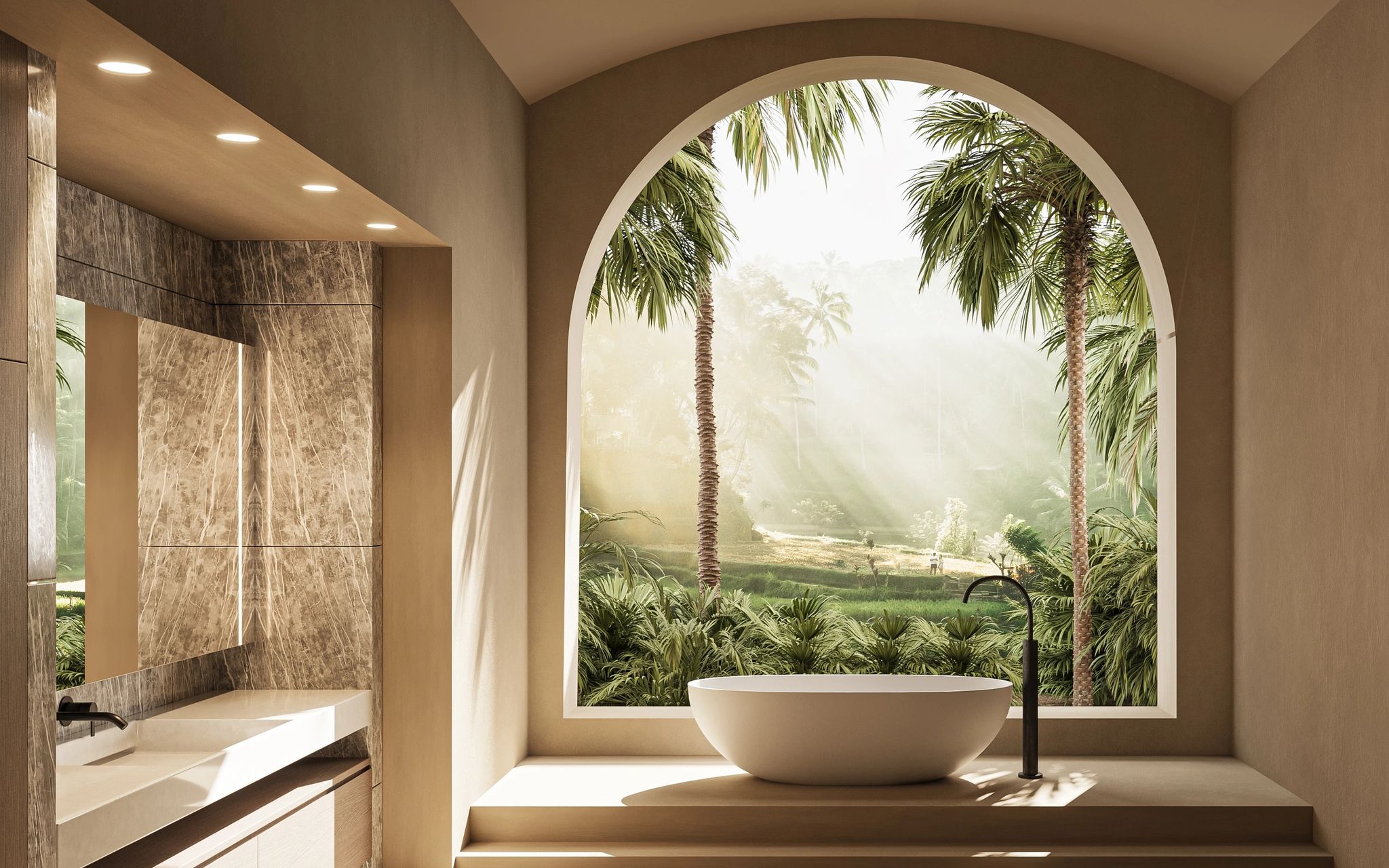 Modern bathroom with a large window overlooking palm trees.