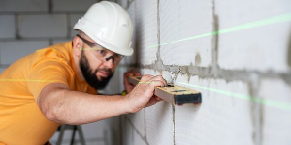 Builder checking a wall with a laser level