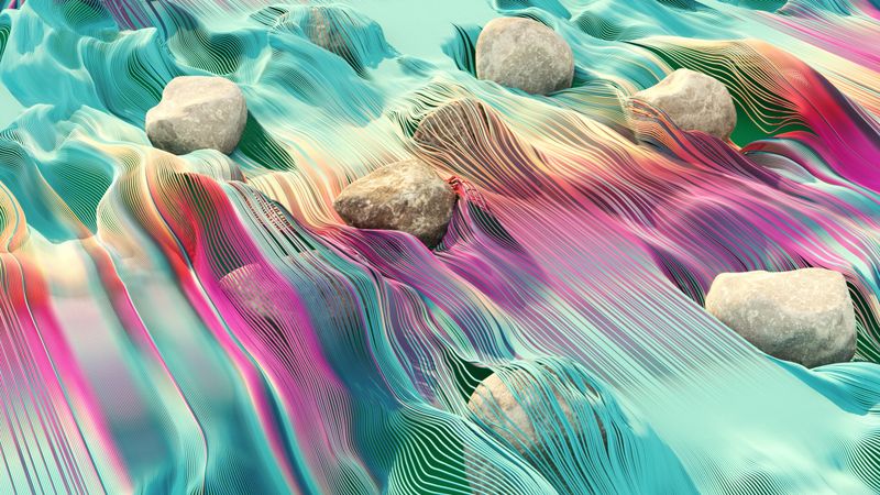 Multicolored flowing data like a river with  stones, ESG, green technology, sustainability and responsible business concepts, 3d render.
