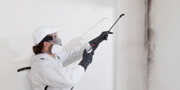 Person spraying mold on wall with protective gear.