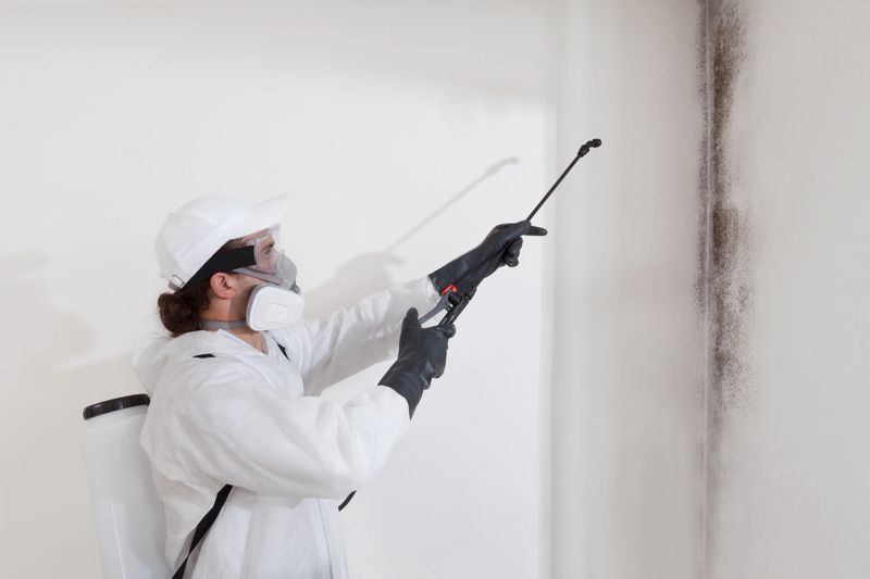 Mold remediation service: A professional worker spraying products to remove mold before house painting, clad in a protective suit and respirator mask, with a backpack sprayer at a home renovation site