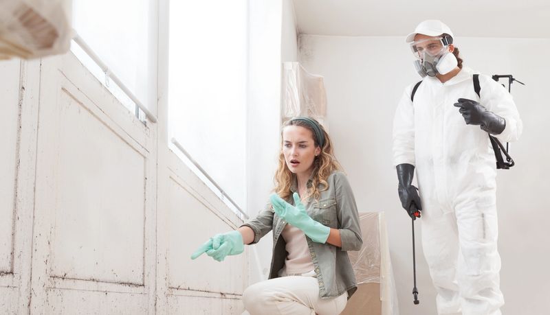 Mold remediation service: worried woman at a home renovation site shows a mold problem to a professional worker clad in a protective suit and a backpack sprayer to remove mold before house painting
