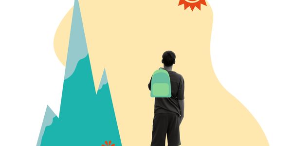 A person with a backpack looks at a stylized mountain and sun graphic.