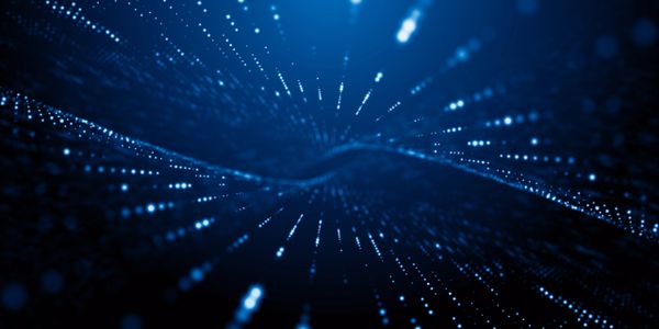 Blue digital dots forming a wave-like pattern in space.