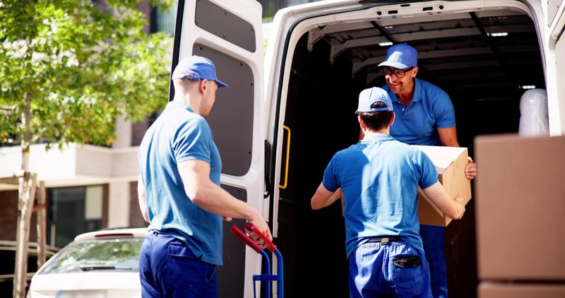 The experienced courier team is unloading cardboard boxes from the van, providing moving services for the local hardware store.