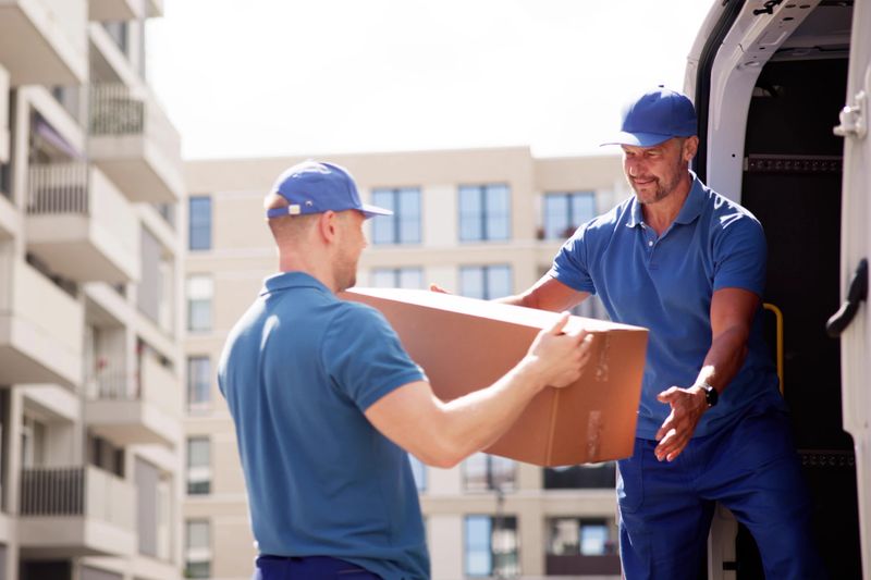 Professional movers expertly navigating furniture through a room, carefully carrying boxes to a waiting truck for delivery services.