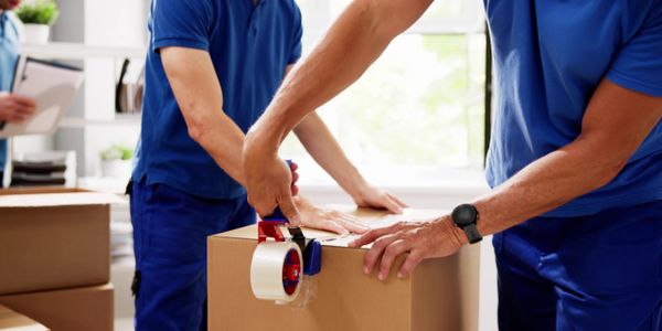 Two people packing a cardboard box with tape in a bright room.