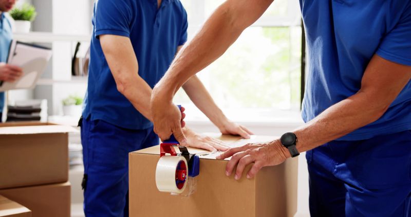 Professional movers carefully wrapping furniture in tape for a residential delivery service at a new house with beautiful hardwood floors.