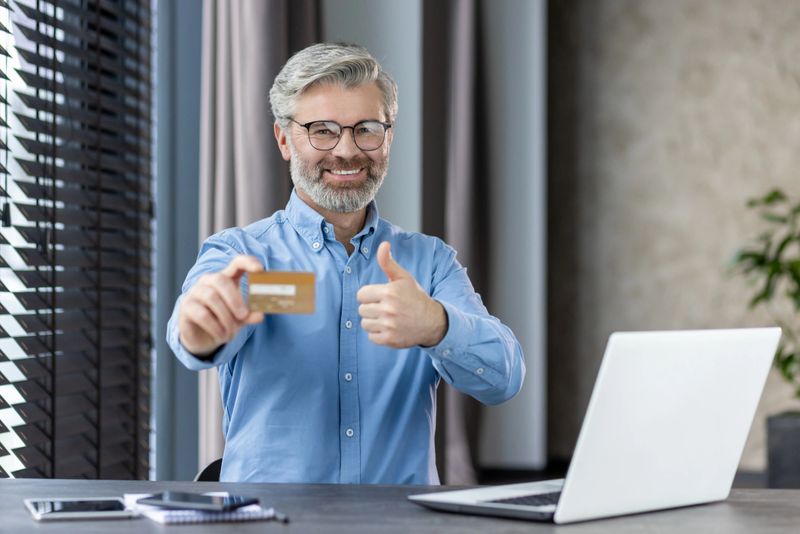 Smiling man holding credit card and showing thumbs up gesture at desk with laptop, smartphone, and notebook. Concept of online shopping, ecommerce, approval, and successful transaction