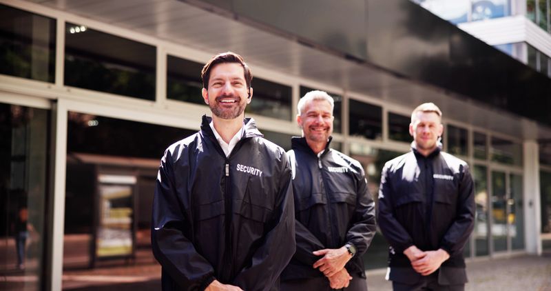 Professional Security Officer coordinating with Bodyguards at Event Using Walkie Talkie for Protection Services