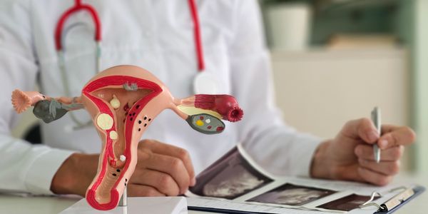 Gynecologist with uterus model and ultrasound images on clipboard.