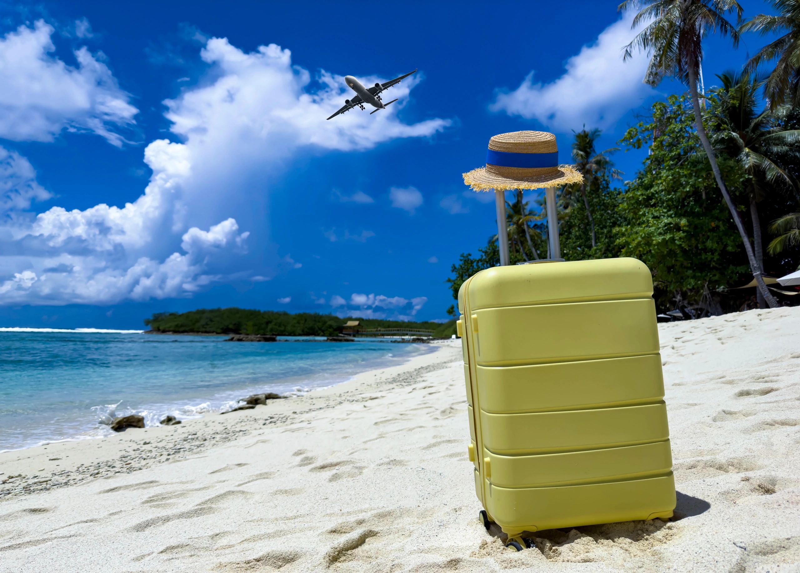 Yellow suitcase with a hat on a sandy beach under a plane flying above.