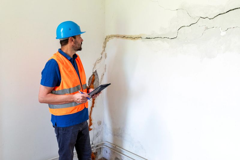 Construction engineer assesses the degree of damage to the house
