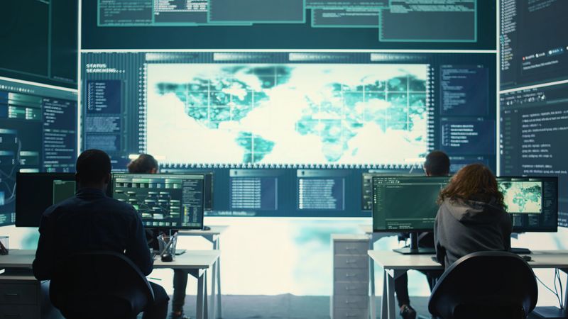 Cyber intelligence team of experts in a governmental hacking room, implementing ways to protect national secrets. Digital security, cyber surveillance and prevention of cyberterrorism. Camera B.