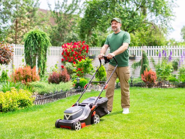Man mowing a lush green lawn in a colorful garden on a sunny day.