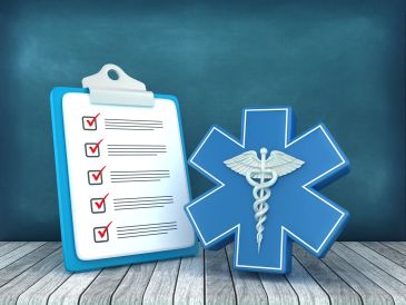 Medical checklist with caduceus symbol.
