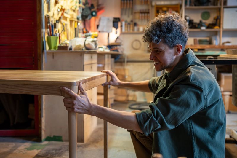 Carpentry workshop. Young professional man joiner checks quality of work, examines wooden table after varnishing, rejoices at perfectly executed job. Manufacturing of customised furniture.