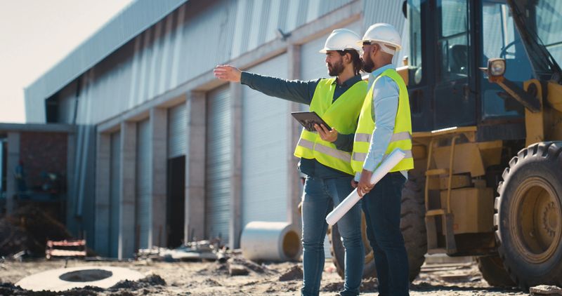 Engineer, construction and team talking with tablet outdoor for building inspection or maintenance.