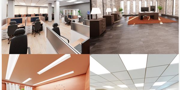 Collage of modern office spaces with desks, chairs, and lighting.