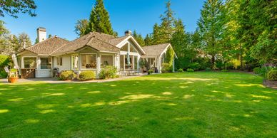 Spacious house with large green lawn and tall trees under clear blue sky.