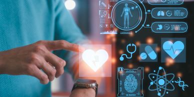 Person interacting with futuristic medical interface.