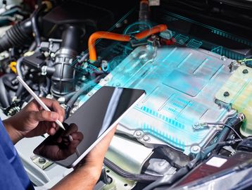 Technician analyzes electric vehicle engine data on a tablet with augmented reality.