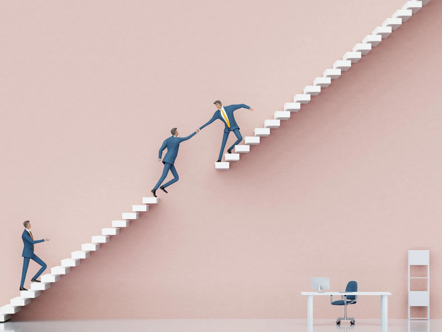 Businessmen helping each other climb stairs in an office setting.